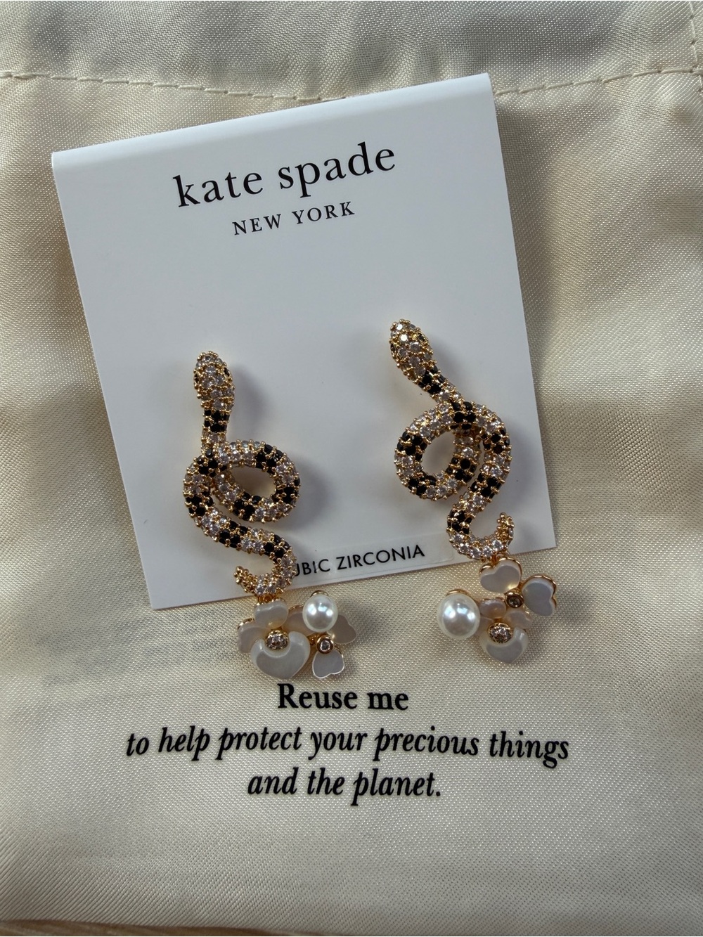 kate spade Gold and Black Snake Pearl Flower Drop Earrings with Mother-of-Pearl - Picture 3 of 4
